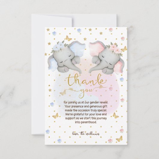 性別がピンクの青いフローラゾウを表示 サンキューカード (正面)