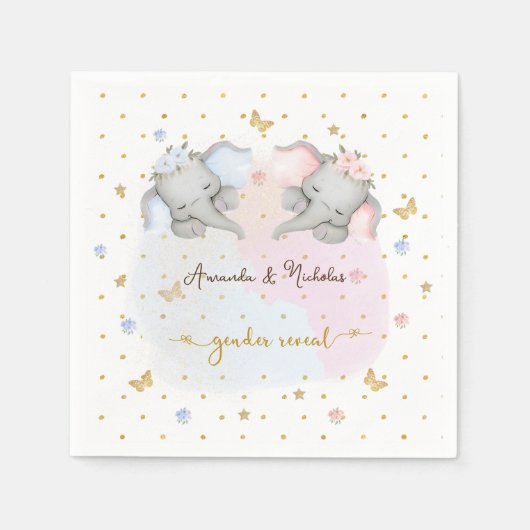 性別がピンクの青いフローラゾウを表示 スタンダードカクテルナプキン (正面)