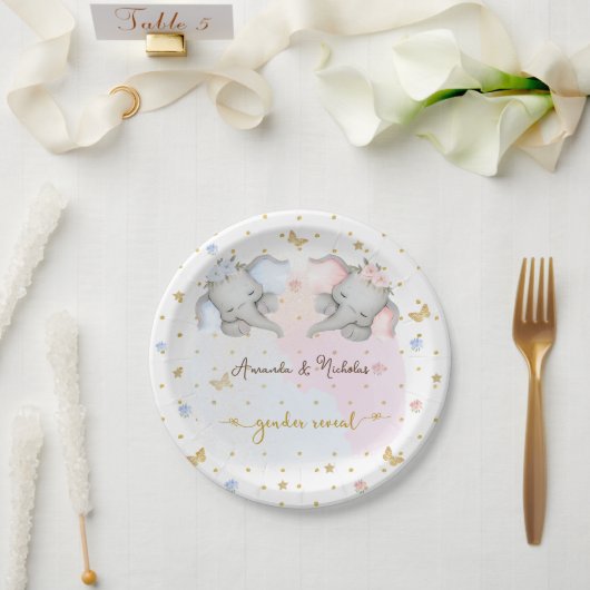 性別がピンクの青いフローラゾウを表示 ペーパープレート (ウェディング)