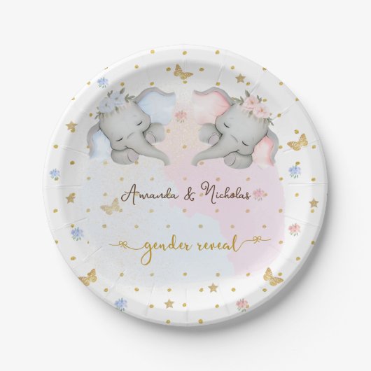 性別がピンクの青いフローラゾウを表示 ペーパープレート (正面)