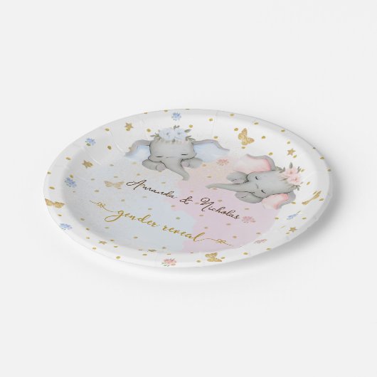 性別がピンクの青いフローラゾウを表示 ペーパープレート (アングル)