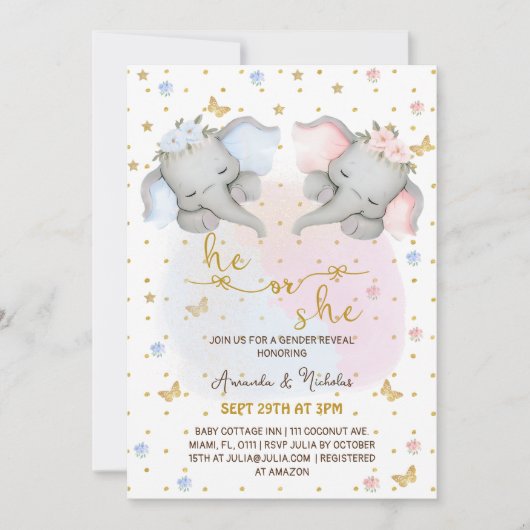 性別がピンクの青いフローラゾウを表示 招待状 (正面)