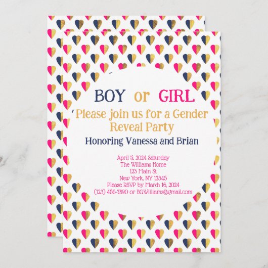 性別がピンクの青を明らかにするハート 招待状 (正面/裏面)