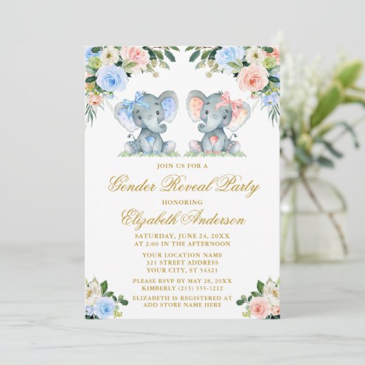 性別がピンクの青を明らかにするフローラベビーゾウ弓 招待状 (スタンド正面)