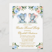 性別がピンクの青を明らかにするフローラベビーゾウ弓 招待状 (正面/裏面)