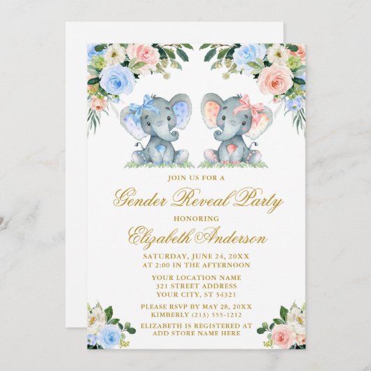 性別がピンクの青を明らかにするフローラベビーゾウ弓 招待状 (正面/裏面)