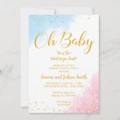 性別がピンクの青金ゴールドオベビー招待状 招待状 (正面)