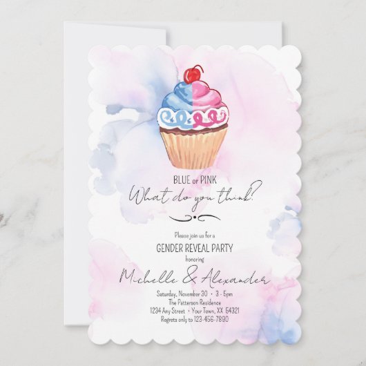 性別がブルーピンクのカップケーキウォーターの色のパーティーを表示 招待状 (正面)
