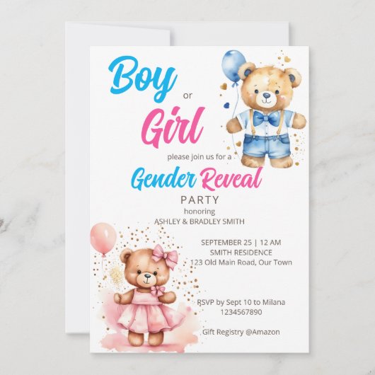 性別が可愛いテディベアの男の子または女の子のテンプレートを明らかにする 招待状 (正面)