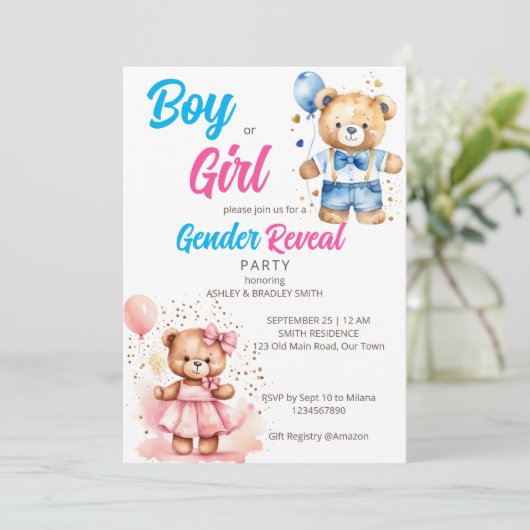 性別が可愛いテディベアの男の子または女の子のテンプレートを明らかにする 招待状 (スタンド正面)