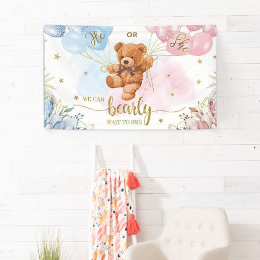 性別が少年または少女の青いピンク色のバルーンを表示 横断幕 (インサイチュ)