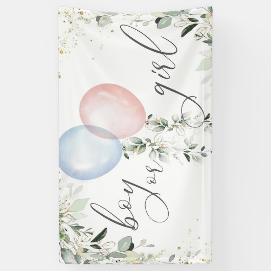 性別が少年または少女の青いピンク色のバルーンを表示 横断幕 (縦)