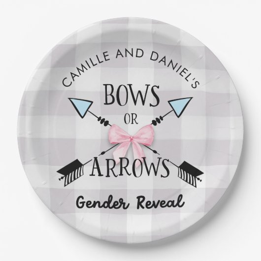 性別が弓または矢印を明らかにする赤ちゃんシャワー ペーパープレート (正面)