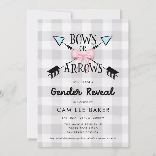 性別が弓または矢印を明らかにする赤ちゃんシャワー 招待状 (正面)