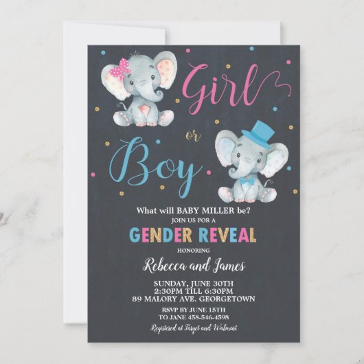 性別が象の男の赤ちゃんまたはベビーガールを表示 招待状 (正面)