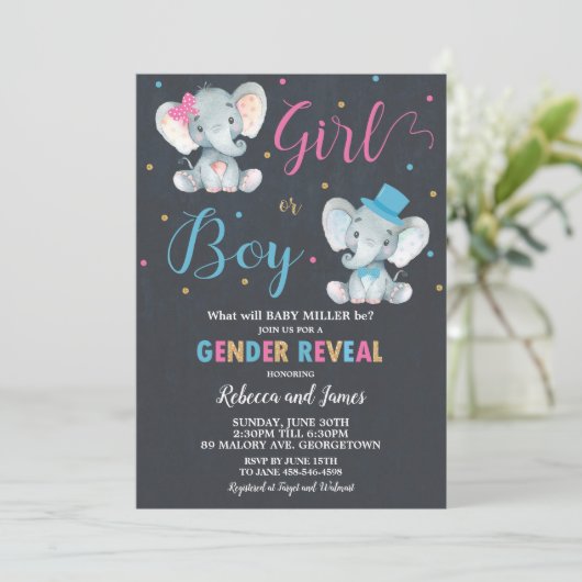 性別が象の男の赤ちゃんまたはベビーガールを表示 招待状 (スタンド正面)