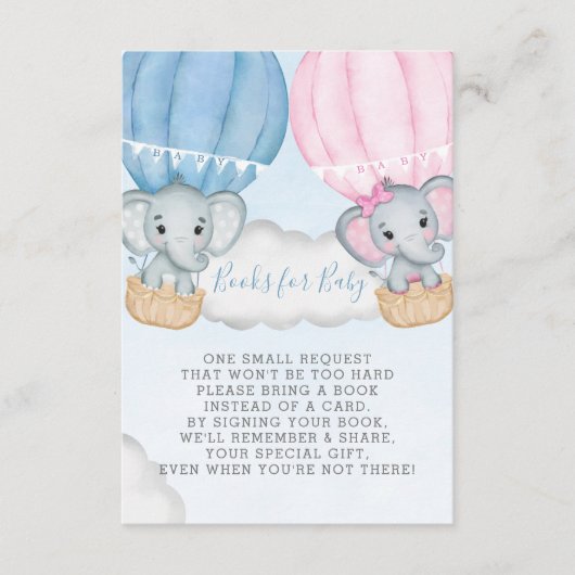 性別が象の風船の本を明らかにするベビー エンクロージャーカード (正面)