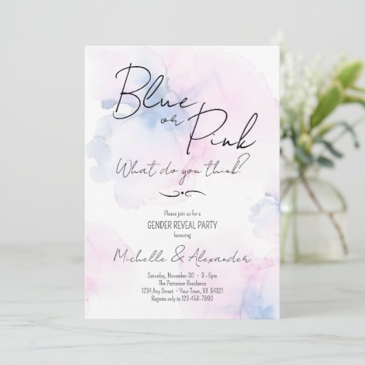 性別が青いピンクの水エレガント色のパーティーを表示 招待状 (スタンド正面)