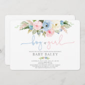 性別が青とピンクのフローラの赤ちゃんシャワーを明らかにする 招待状 (正面/裏面)