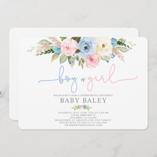 性別が青とピンクのフローラの赤ちゃんシャワーを明らかにする 招待状 (正面/裏面)