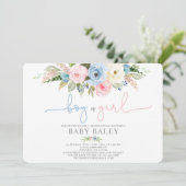 性別が青とピンクのフローラの赤ちゃんシャワーを明らかにする 招待状 (スタンド正面)