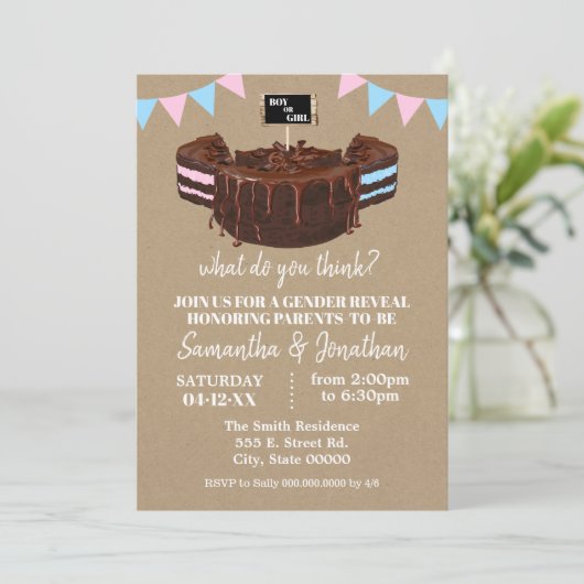 性別が青またはピンクのケーキの赤ちゃんシャワーを明らかにする 招待状 (スタンド正面)