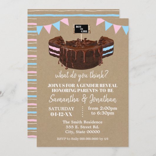 性別が青またはピンクのケーキの赤ちゃんシャワーを明らかにする 招待状 (正面/裏面)