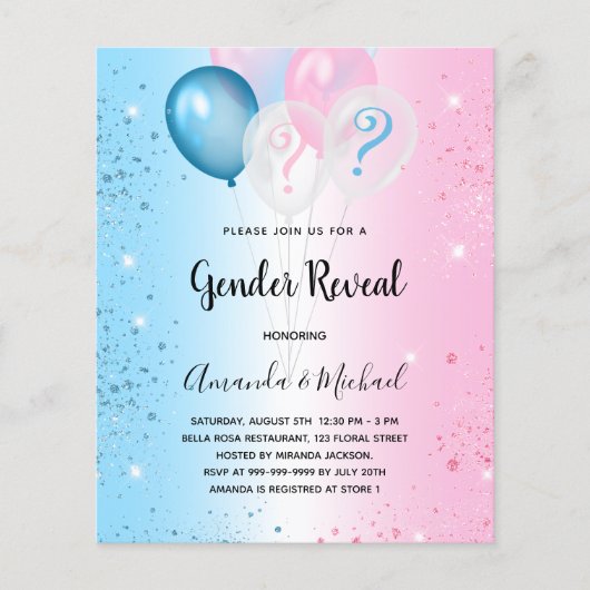 性別でパーティーピンクの青の予算招待状を表示 チラシ (正面)