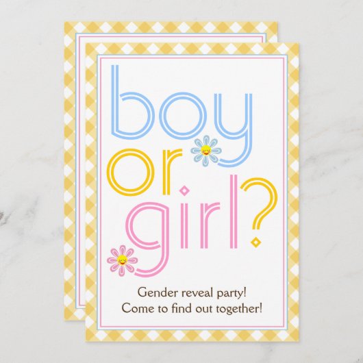 性別でパーティー文字デザインをデイジー花で明かす 招待状 (正面/裏面)