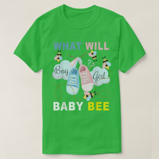 性別によって彼または彼女がベビーの性別を明らかにする Tシャツ (デザイン正面)