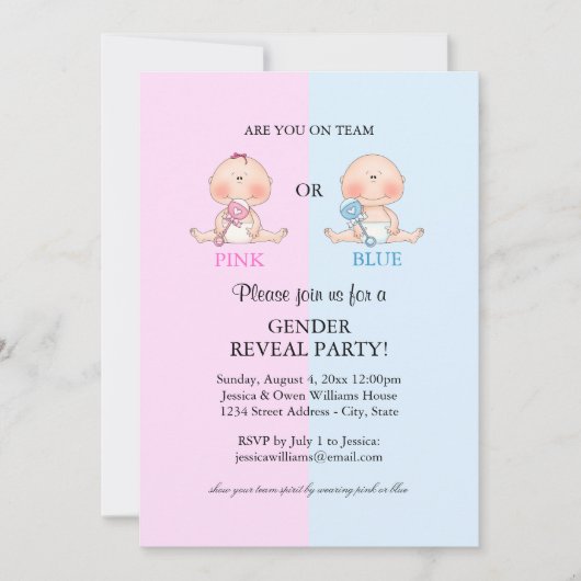 性別によるパーティの招待状 – ピンクまたは青の表示 招待状 (正面)