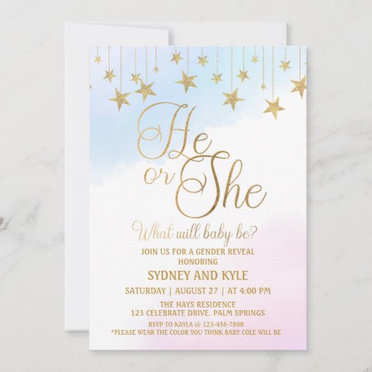 性別によるパーティー、性別による表示、彼または彼女 招待状 (正面)