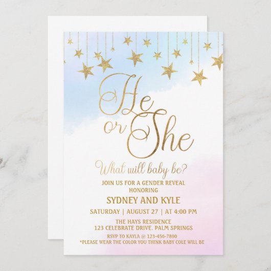 性別によるパーティー、性別による表示、彼または彼女 招待状 (正面/裏面)