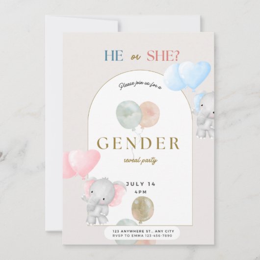 性別によるパーティー、男の子または女の子、ゾウの表示 シーズンカード (正面)