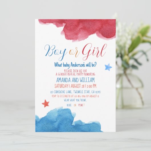 性別によるピンクとブルーのパーティー 招待状 (スタンド正面)