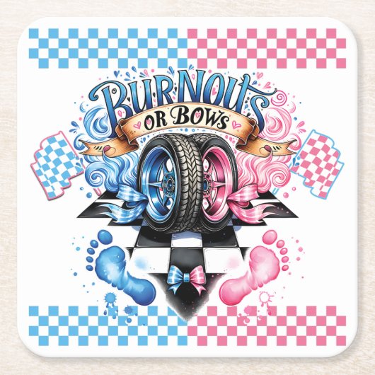 性別によるピンクとブルーの弓とタイヤの表示 スクエアペーパーコースター (正面)