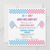 性別によるピンクとブルーの弓とタイヤの表示 招待状 (裏面)