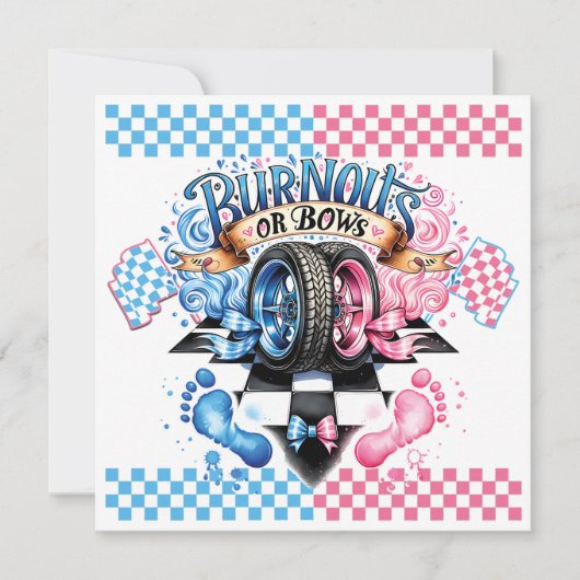 性別によるピンクとブルーの弓とタイヤの表示 招待状 (正面)