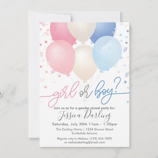 性別によるピンクと青の風船と紙吹雪の表示 招待状 (正面)