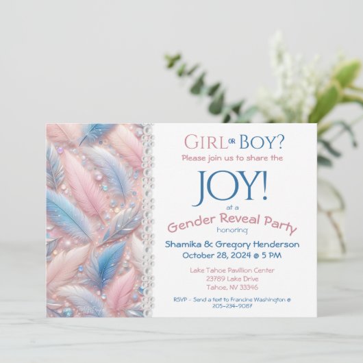 性別によるピンクエレガントと青の羽の表示 招待状 (スタンド正面)