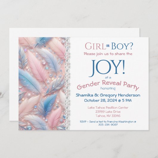 性別によるピンクエレガントと青の羽の表示 招待状 (正面/裏面)