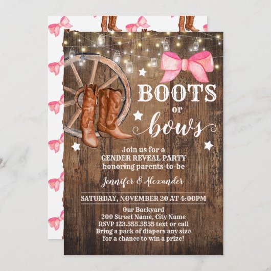 性別によるブーツまたは弓の表示 招待状 (正面/裏面)