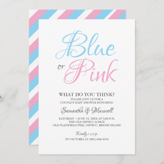 性別による招待状ブルーまたはピンク 招待状 (正面/裏面)