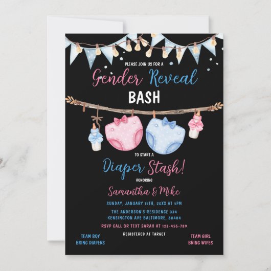 性別のリビールおむつ隠し物干し線 招待状 (正面)