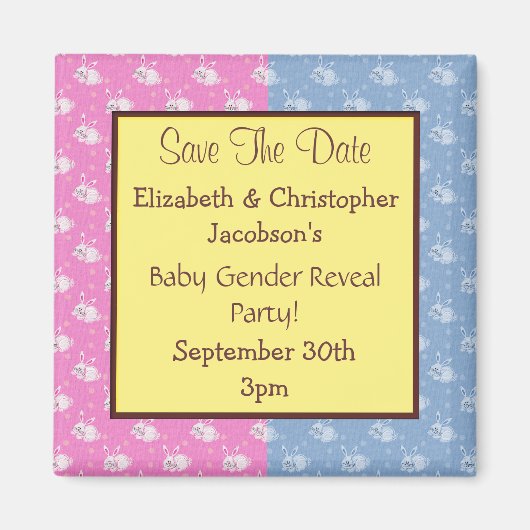 性別のリビール日付を保存するピンクとブルーバニー マグネット (正面)