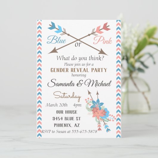 性別の表示パーティー矢印ブルーピンクBoho花 招待状 (スタンド正面)