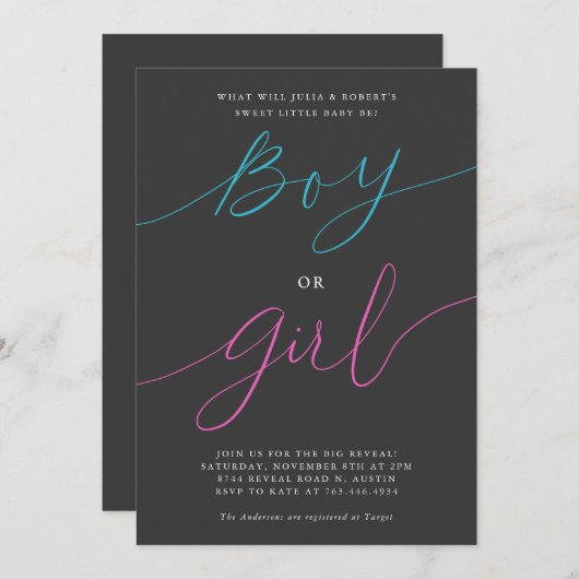 性別パーティーの表示BoyまたはGirlスクリプモダントグレー 招待状 (正面/裏面)