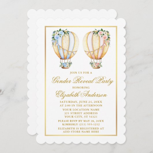性別パーティーフローラ熱気球の表示 招待状 (正面/裏面)
