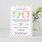 性別リビールおむつ隠しパーティーブルーまたはピンク 招待状 (スタンド正面)