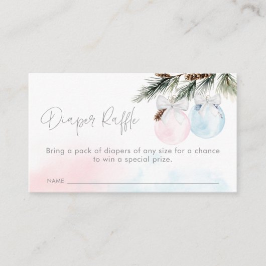 性別リビール冬の赤ちゃんシャワーおむつラッフルエンク エンクロージャーカード (正面)